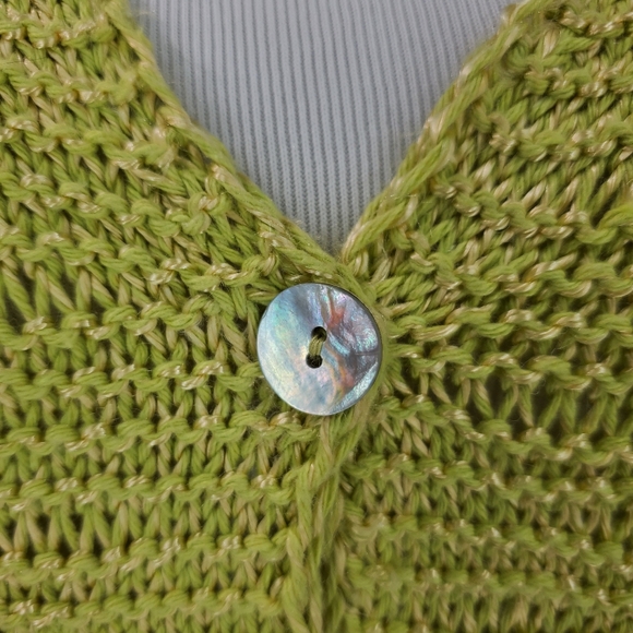 Castle of Ireland Knitwear Open Knit Lime Green Cardigan Sweater Shell Buttons M - Picture 11 of 11